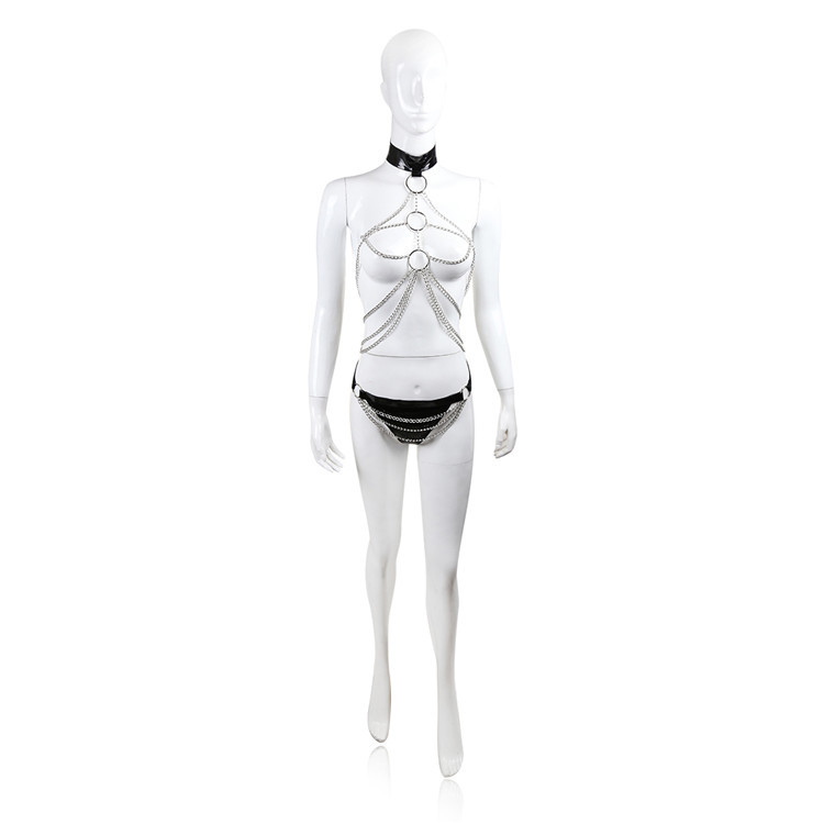 「Chain Web」 Body Harness Set with Patent Collar & Thong – Silver/Black