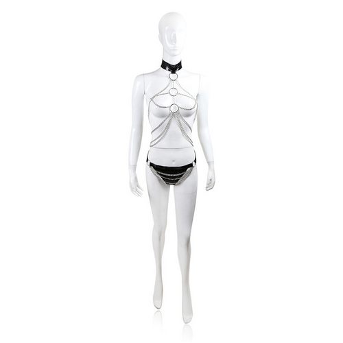 「Chain Web」 Body Harness Set with Patent Collar & Thong – Silver/Black