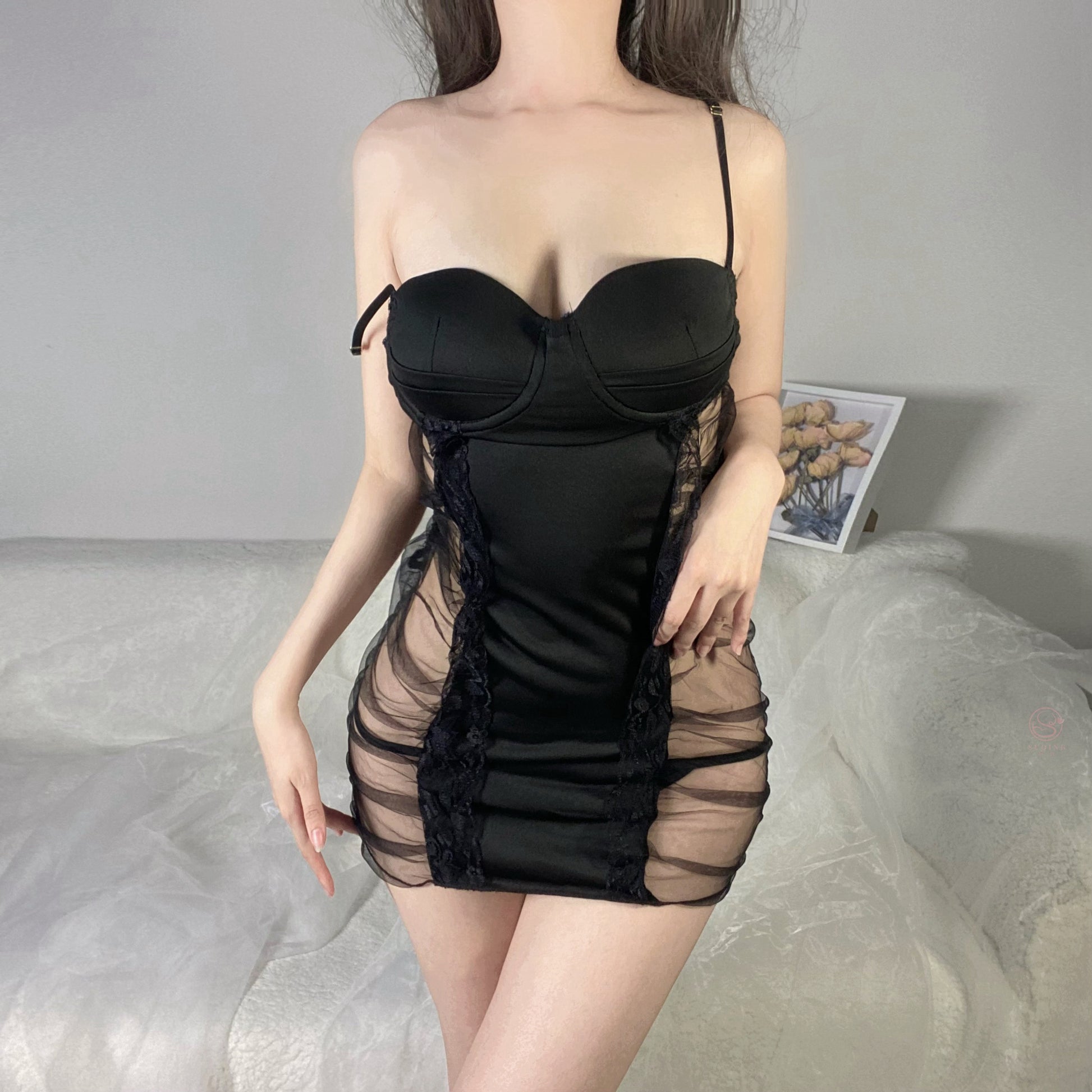 「Mesh Ruche Slip」 Sheer-Panel Mini Nightdress Set – Black