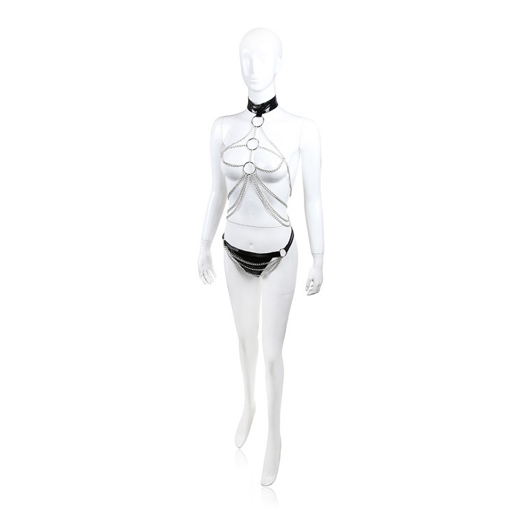「Chain Web」 Body Harness Set with Patent Collar & Thong – Silver/Black