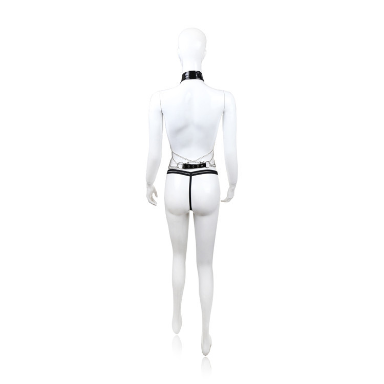 「Chain Web」 Body Harness Set with Patent Collar & Thong – Silver/Black