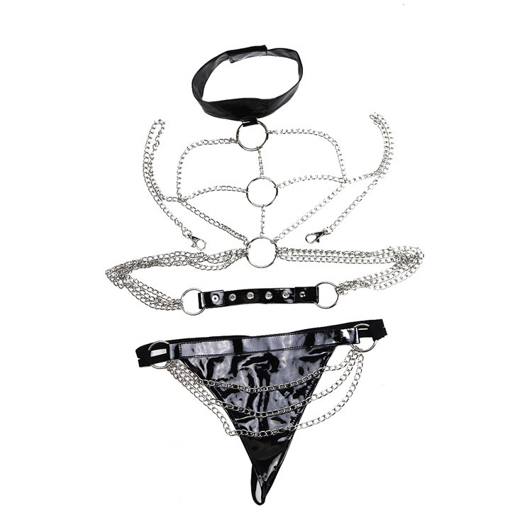 「Chain Web」 Body Harness Set with Patent Collar & Thong – Silver/Black