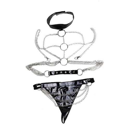 Chain Web - Body Harness Set with Patent Collar & Thong – Silver/Black
