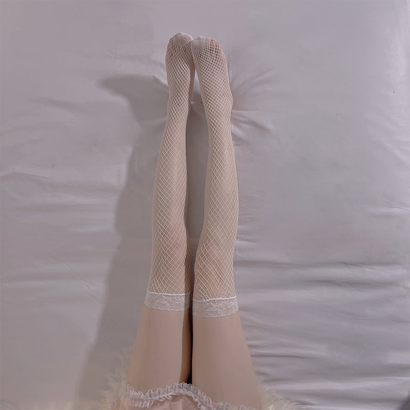 Lace-Top Fishnet Thigh High Stockings – White, One Size