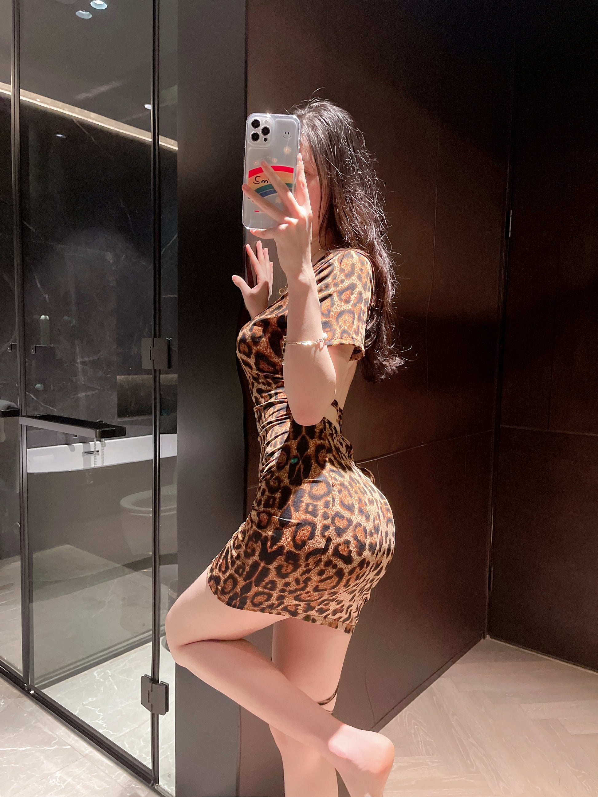 「Leopard Lace-Up」 Short-Sleeve Cutout Mini Dress Set – Leopard Print