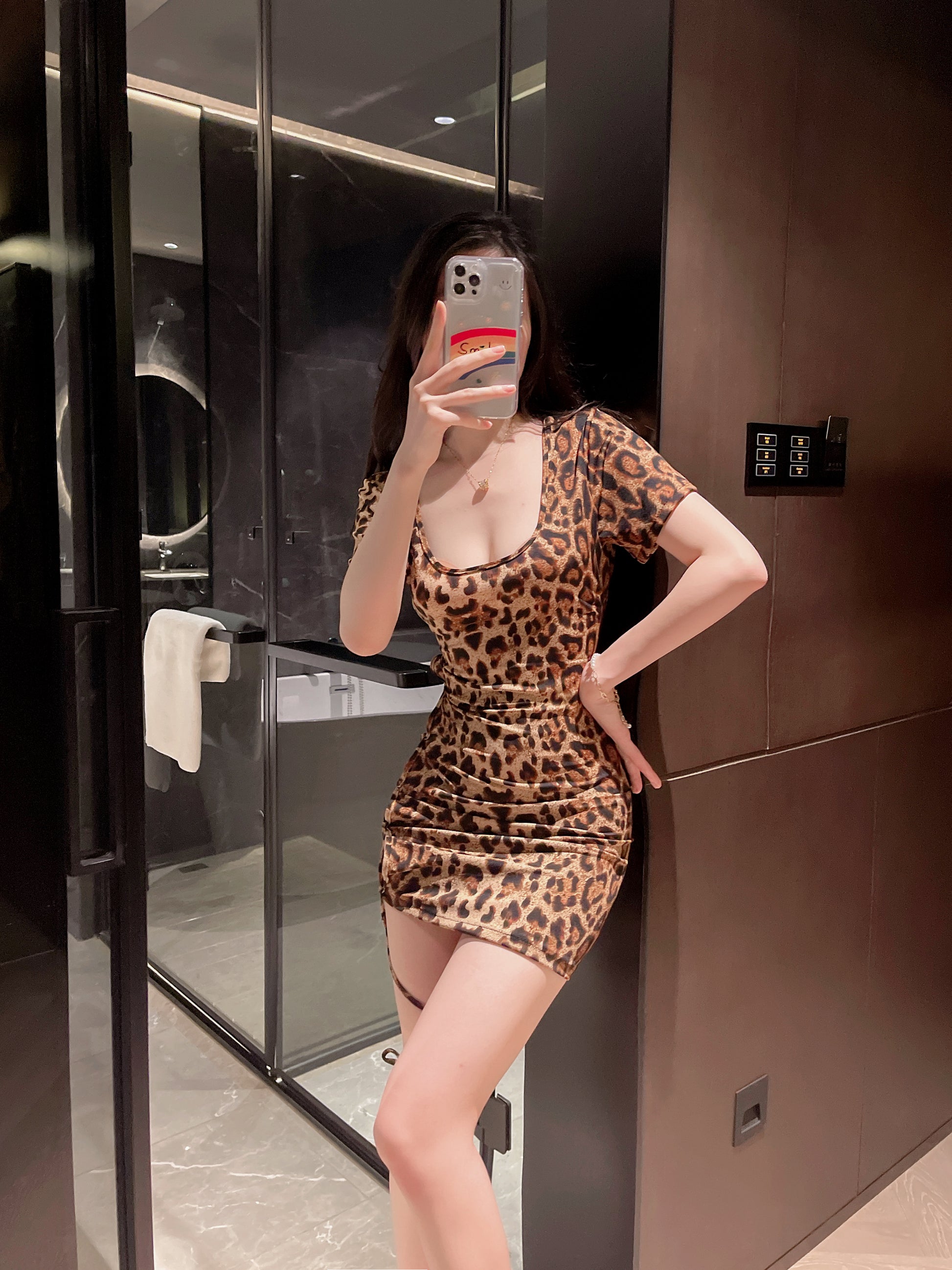 「Leopard Lace-Up」 Short-Sleeve Cutout Mini Dress Set – Leopard Print