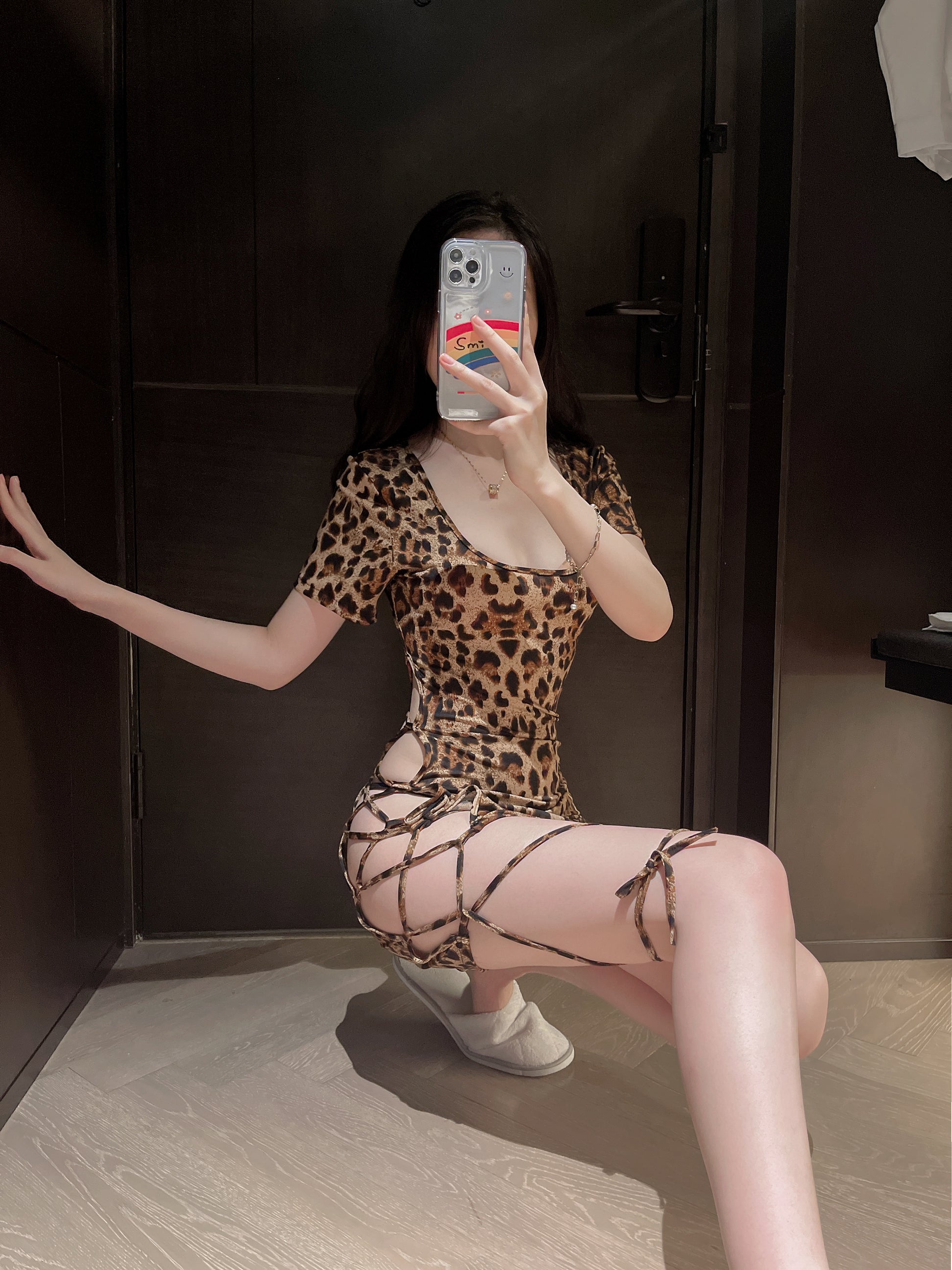 「Leopard Lace-Up」 Short-Sleeve Cutout Mini Dress Set – Leopard Print