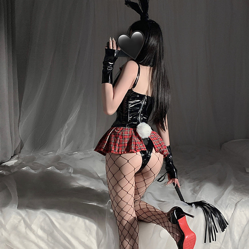 「Strappy Bunny」Costume Set with Red Plaid Skirt – Strappy Bustier, Collar & Bow Tie