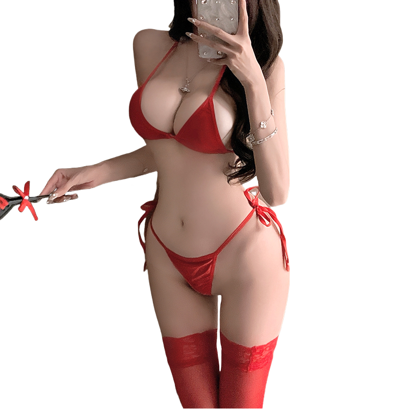 3-Piece Triangle Bra, Tie-Side Thong & Thigh High Stockings Set – Red, One Size XS–M