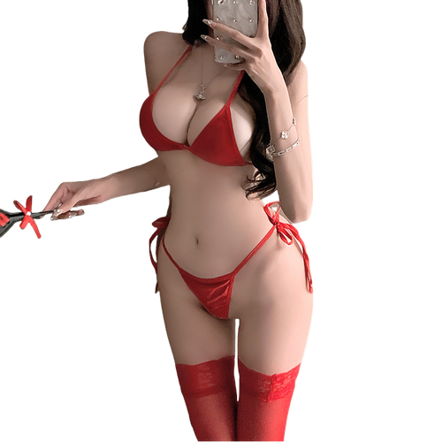 3-Piece Triangle Bra, Tie-Side Thong & Thigh High Stockings Set – Red, One Size XS–M