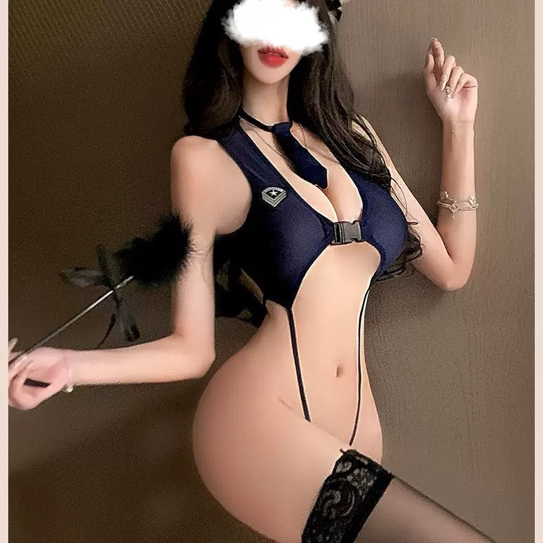 Cutout Halter Bodysuit & Lace-Top Thigh Highs Costume Set – Navy/Black, One Size