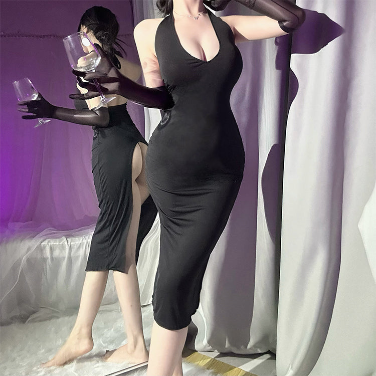 Halter Slit Maxi Lingerie Dress  – Black, One Size