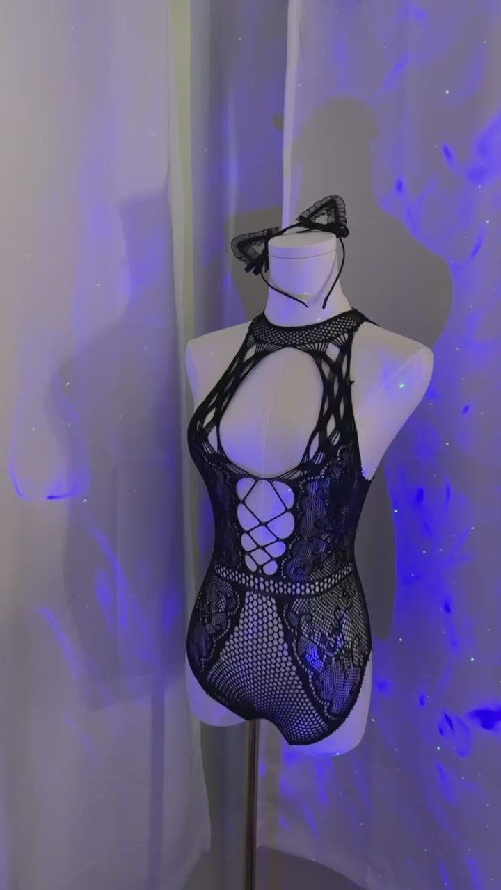 Cutout Lace Mesh - Halter Bodysuit with Cat-Ear Headband – Black